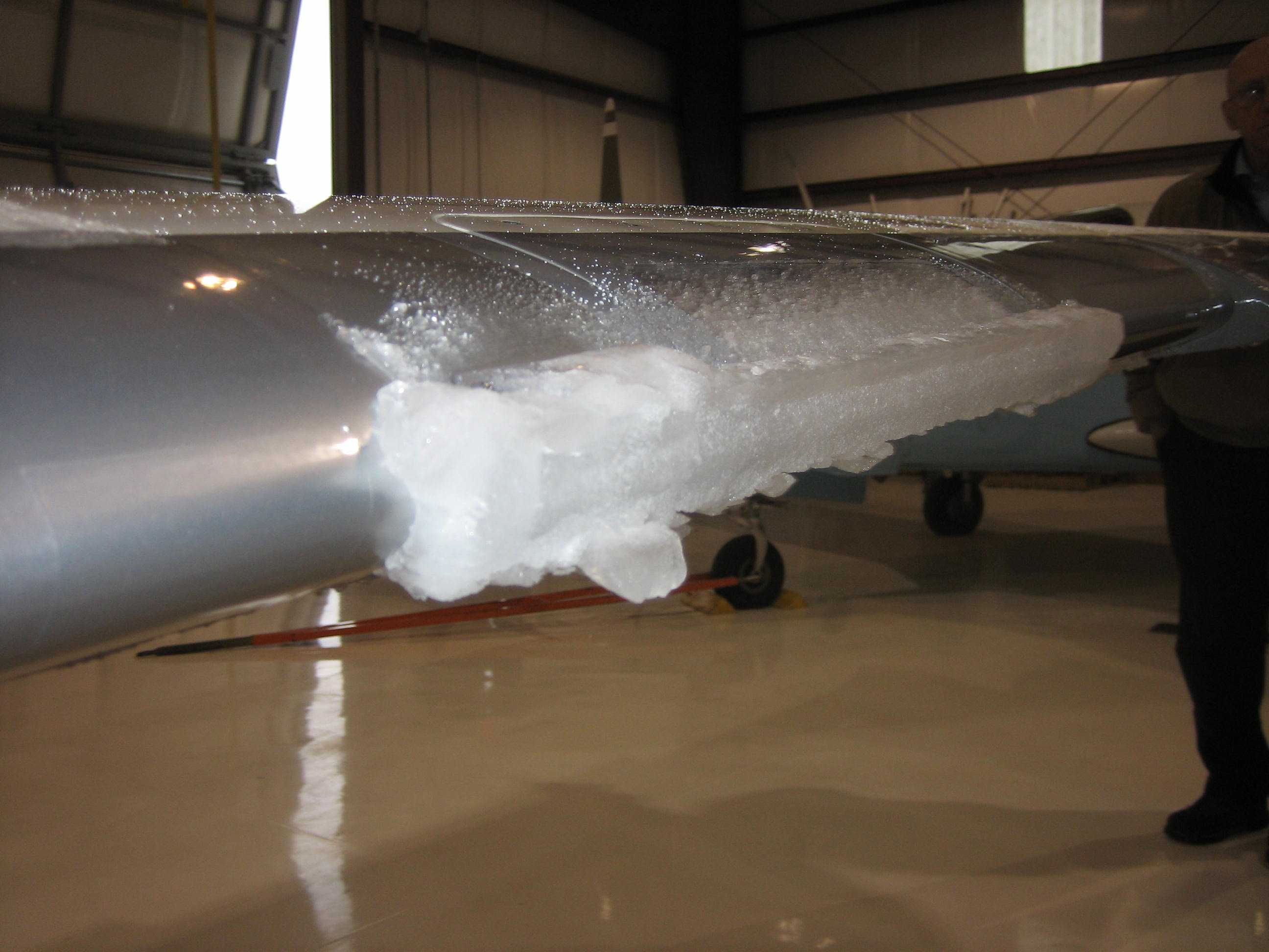 Ice accumulation on an airplane wing.