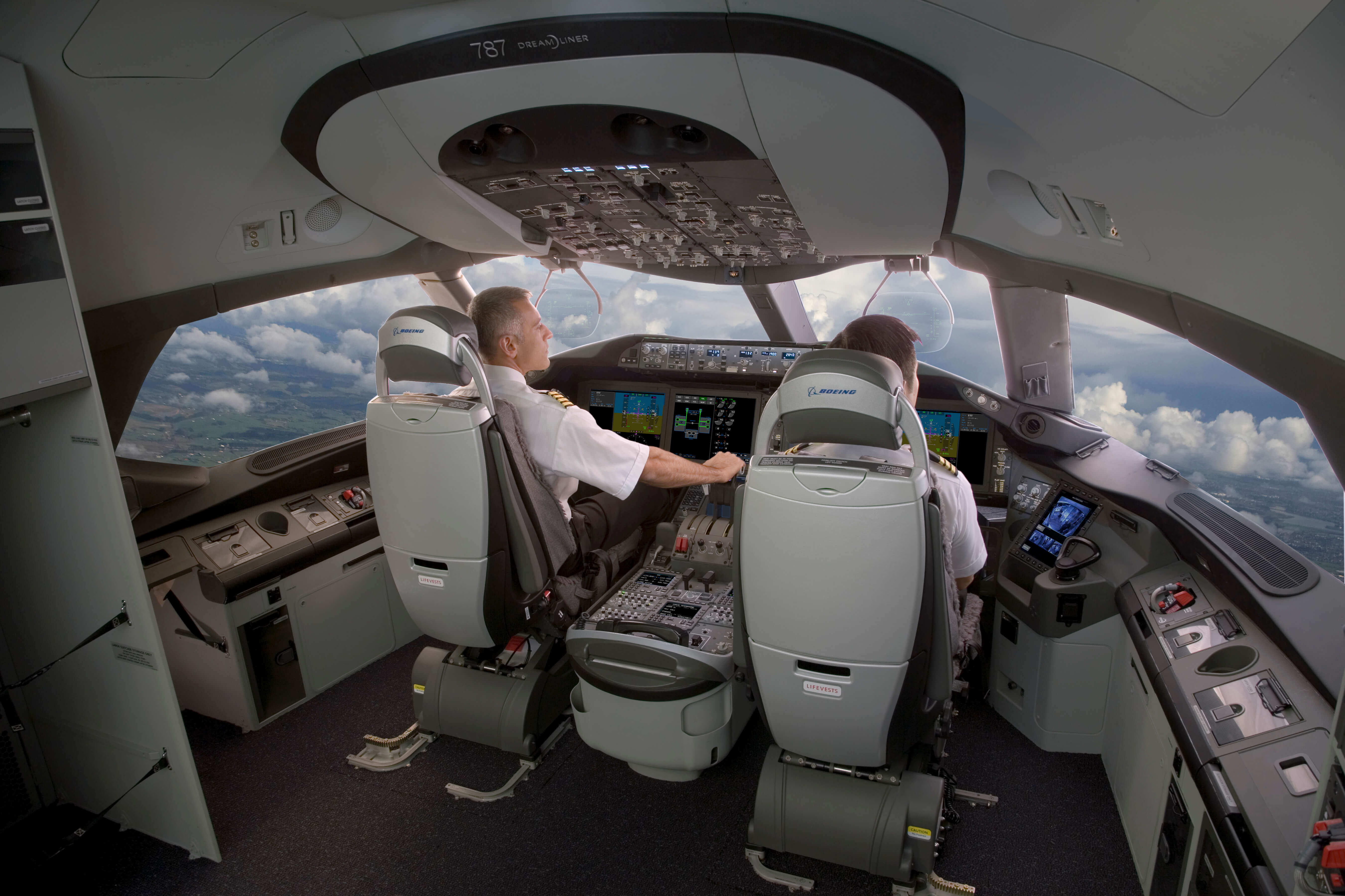 An image of two pilots in a Boeing airplane cockpit.
