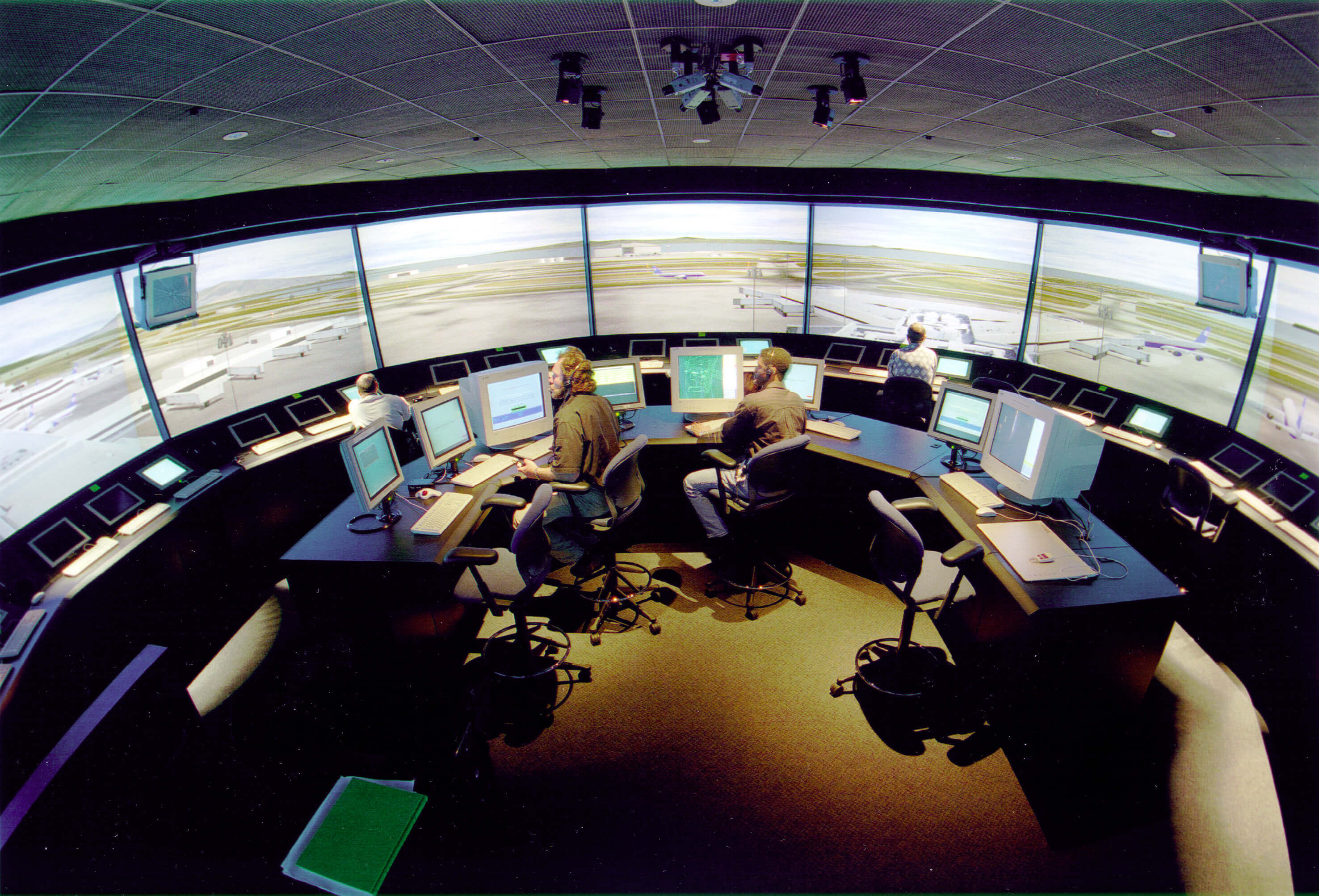 An image of the interior room at the top of the air traffic control tower.