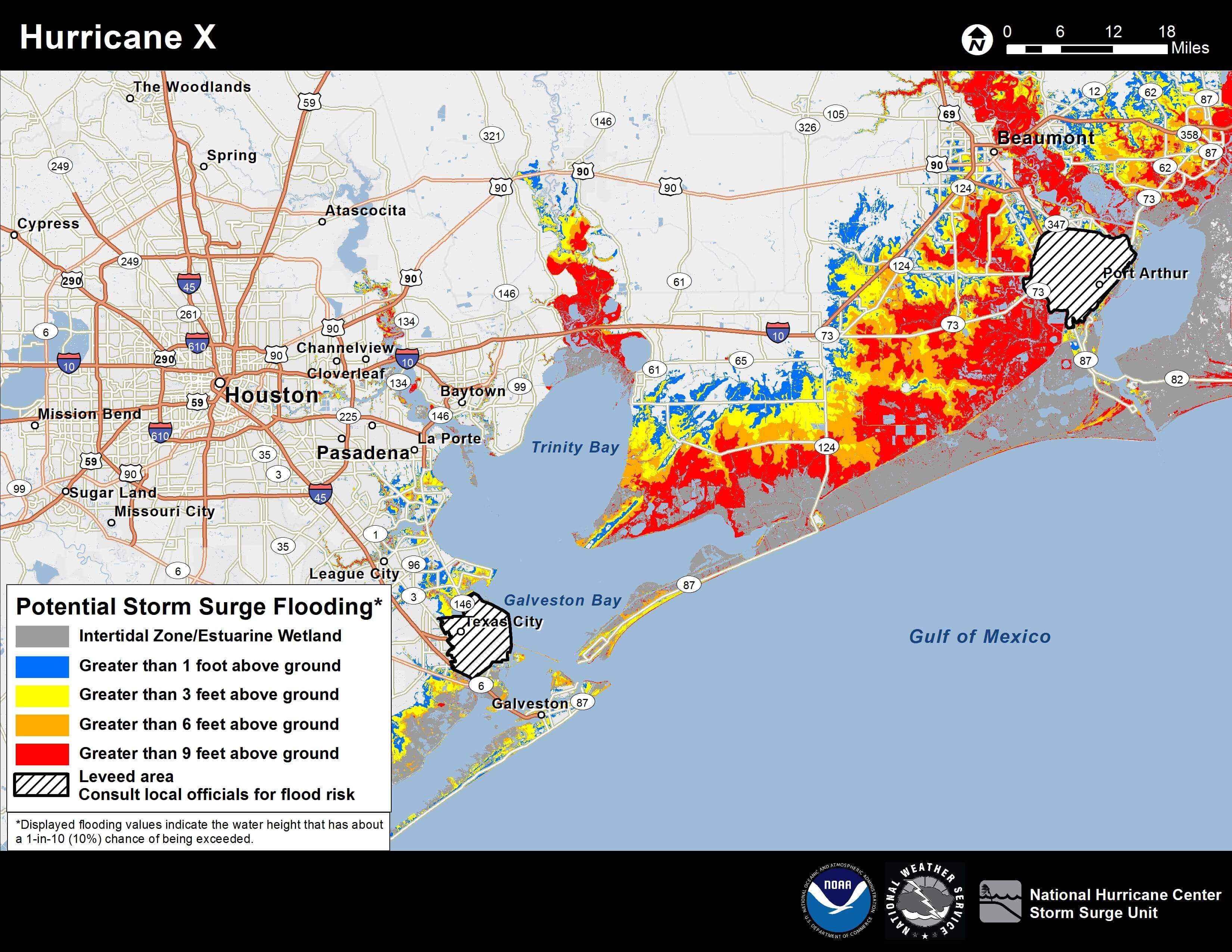 Storm surge flood predictions near Houston, Texas for an upcoming hurricane