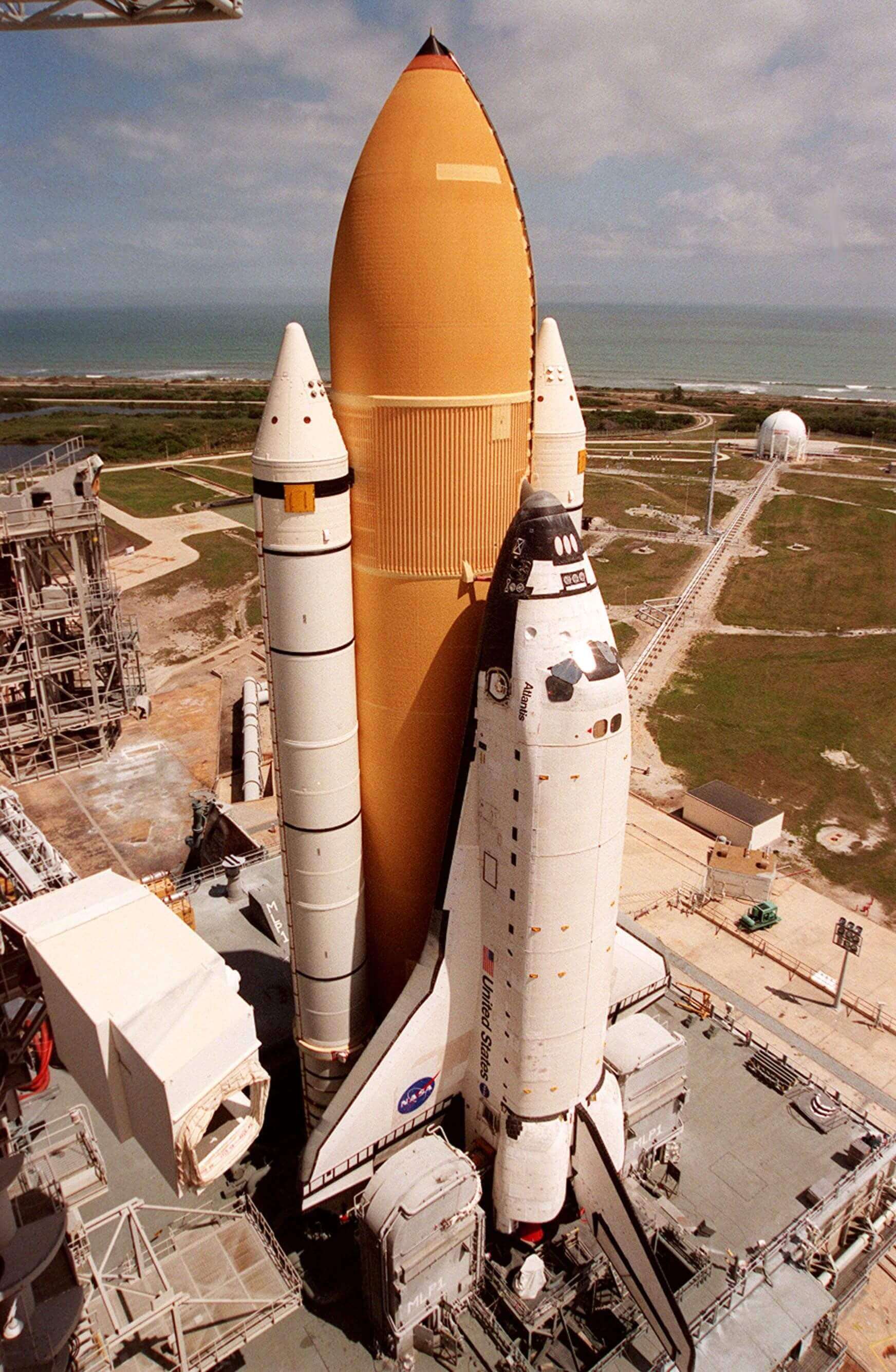 Space Shuttle Atlantis sitting on its launch pad