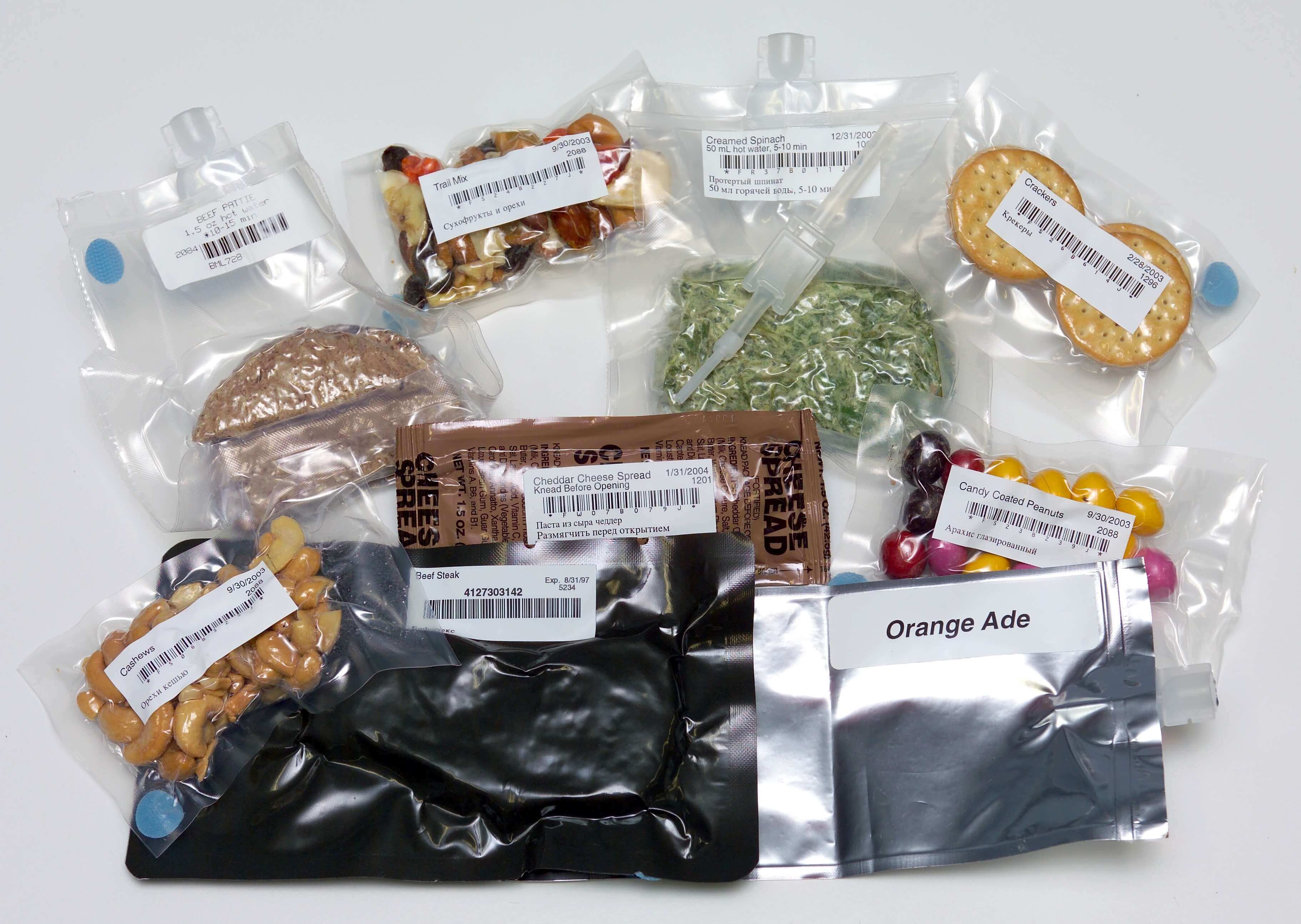A typical spread of packaged products consumed by astronauts aboard the International Space Station