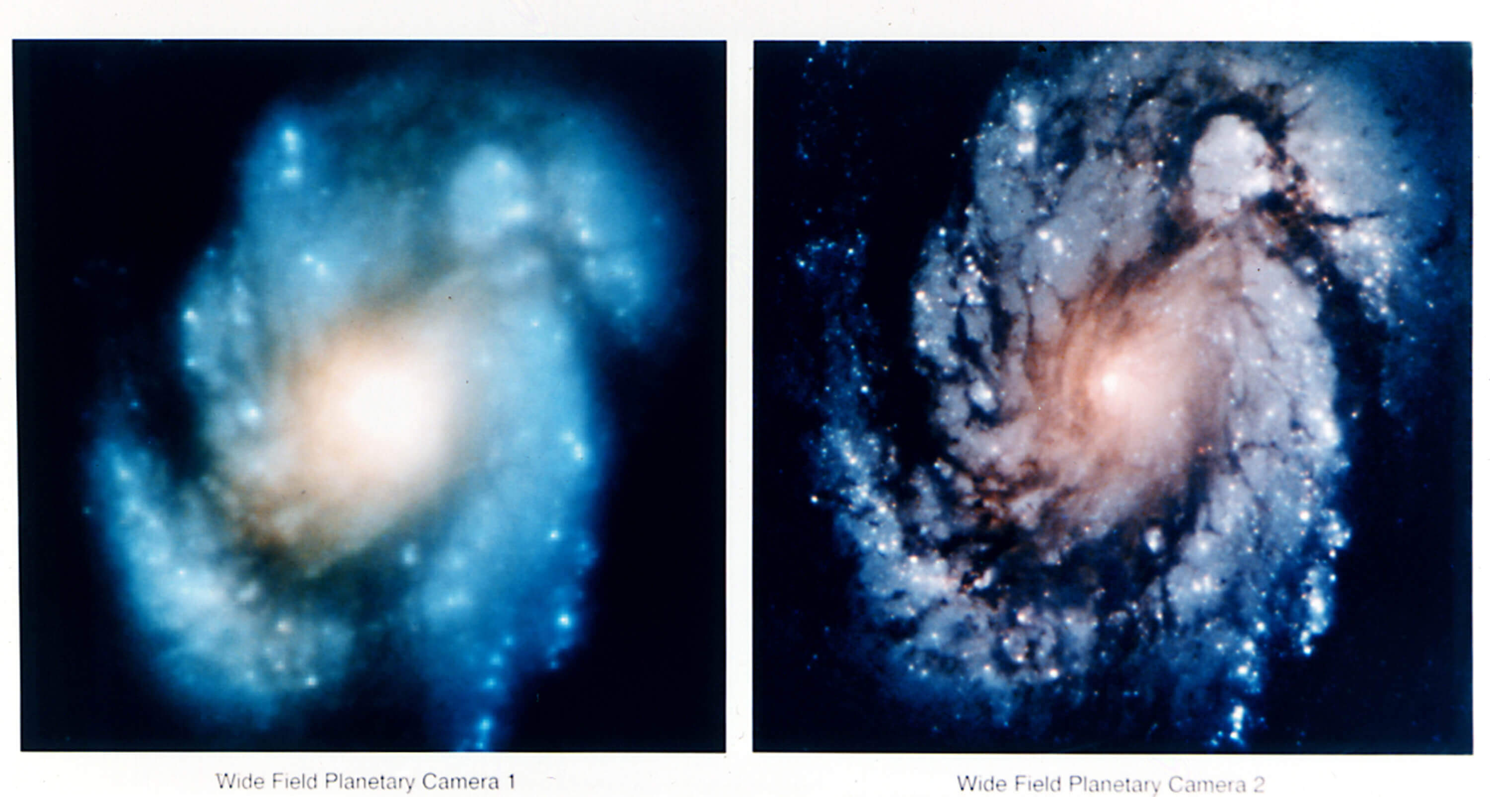 Images from Hubble showing the distorted imagery taken before its repair and the improved imagery taken after