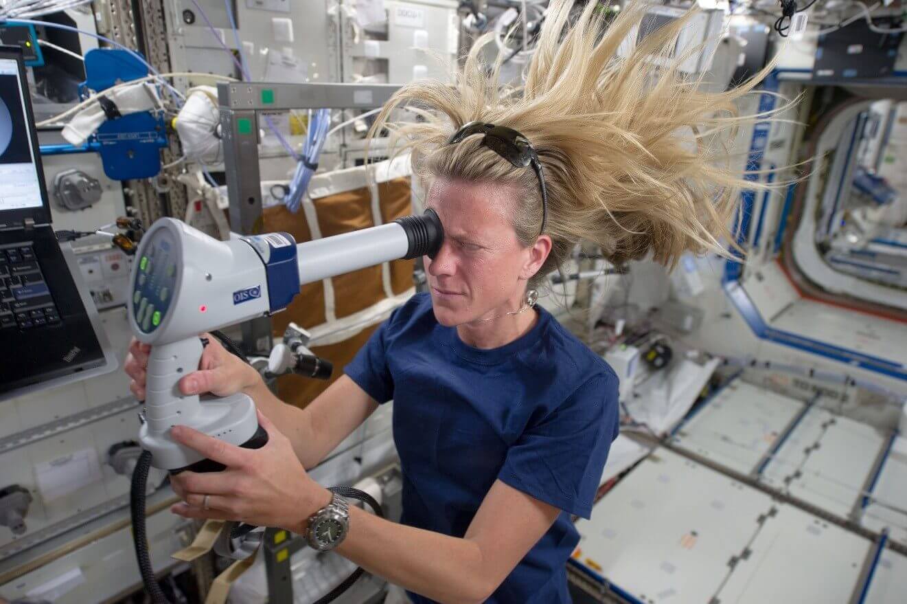 Astronaut takes an eye test on the International Space Station 