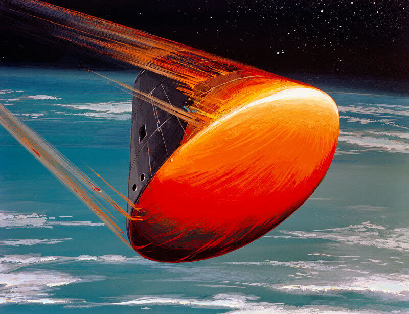 Illustration of the Apollo space capsule's thermal protection system heating up during atmospheric reentry 