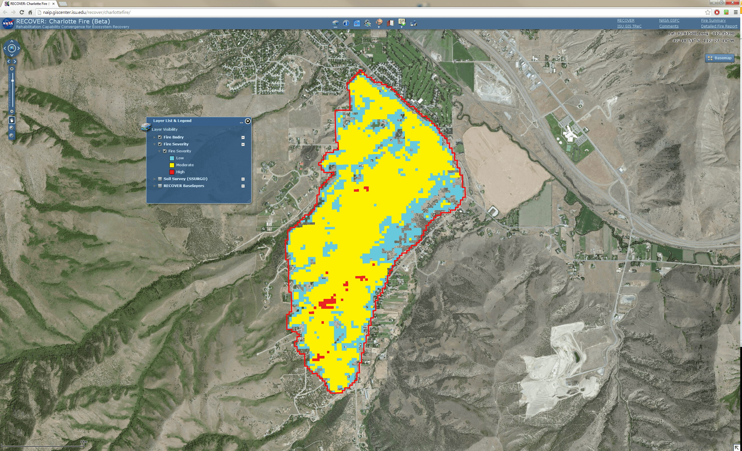 Map of a wildfire in southeastern Idaho 