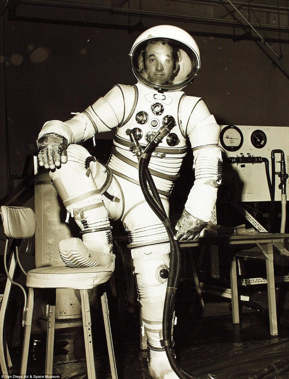 Bill Elkins, founder of WElkins LLC, donning an early spacesuit prototype he helped design 