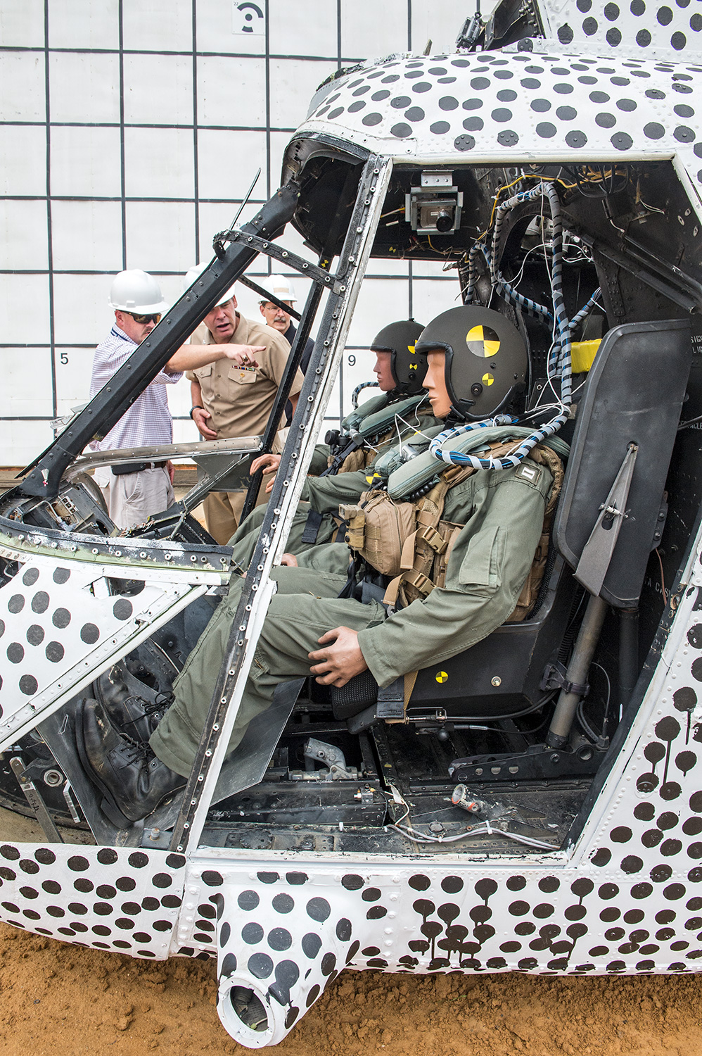 Crash dummies inside a test helicopter at Langley Research Center