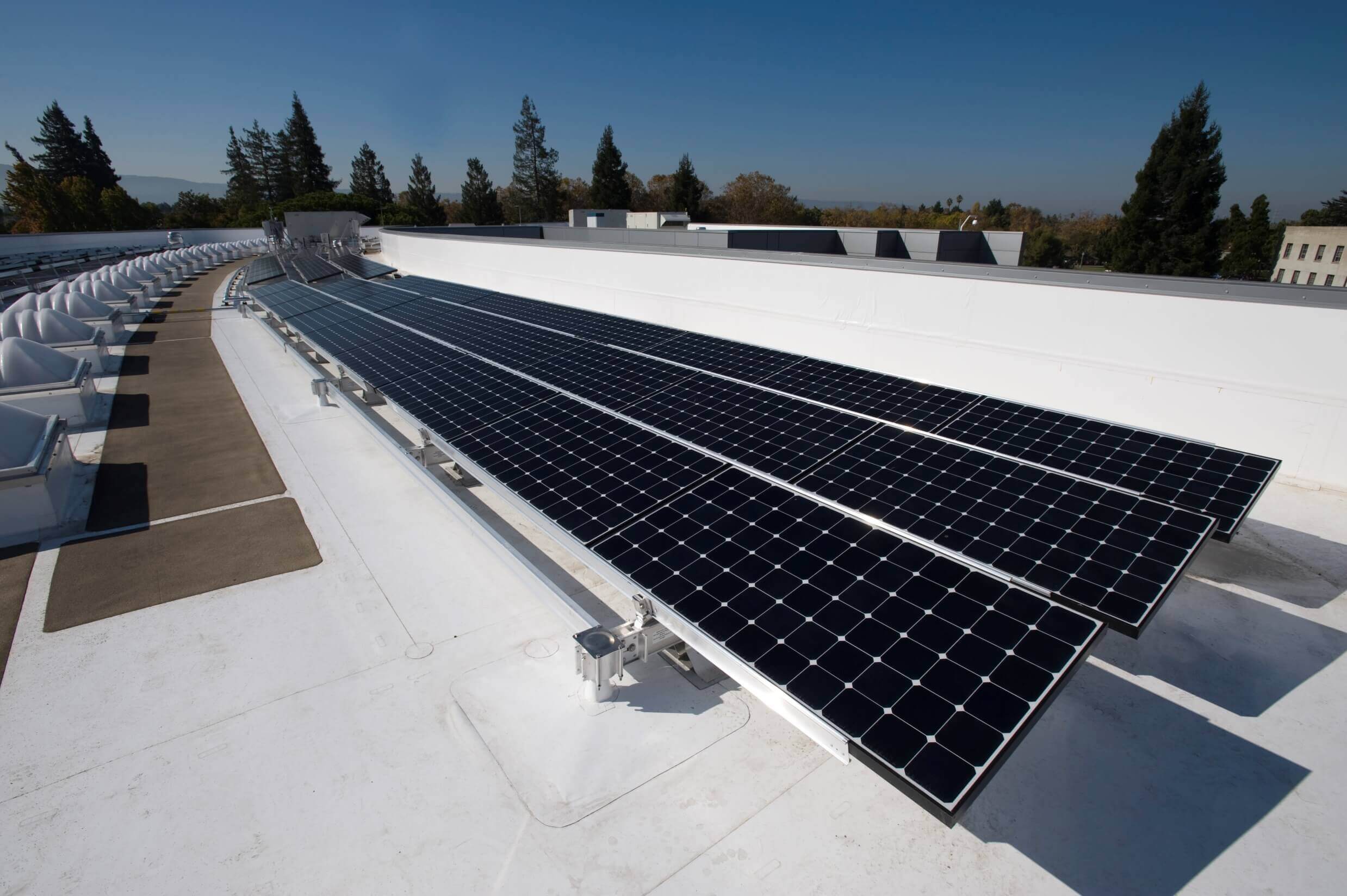 A long line of solar panels 