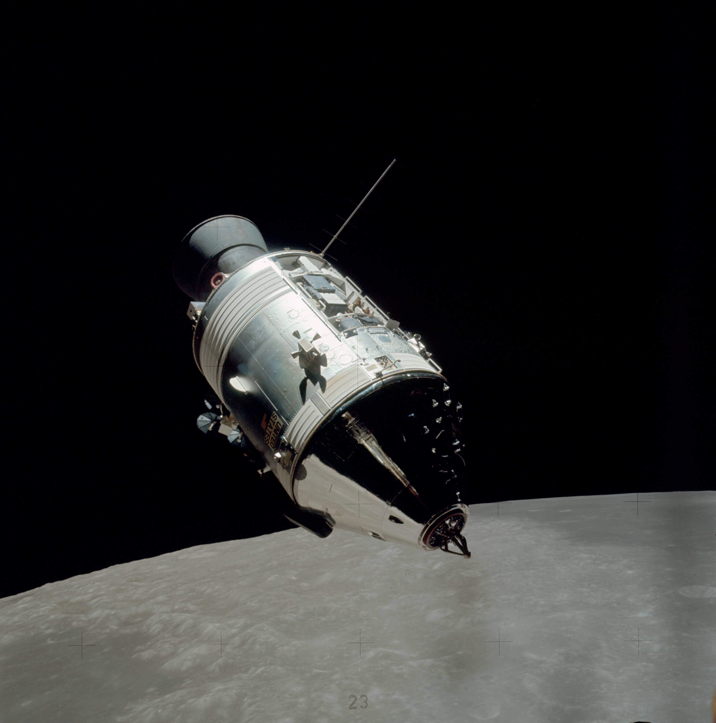NASA Apollo mission in flight over the surface of the moon
