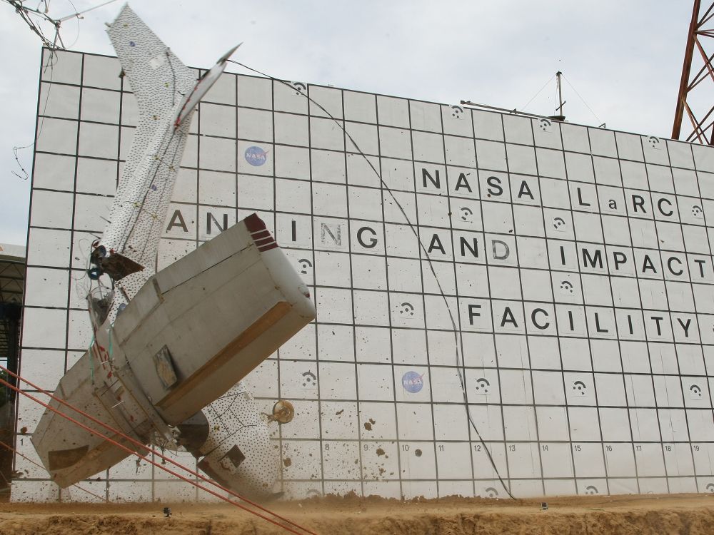 A test crash making impact at the Landing & Impact facility.