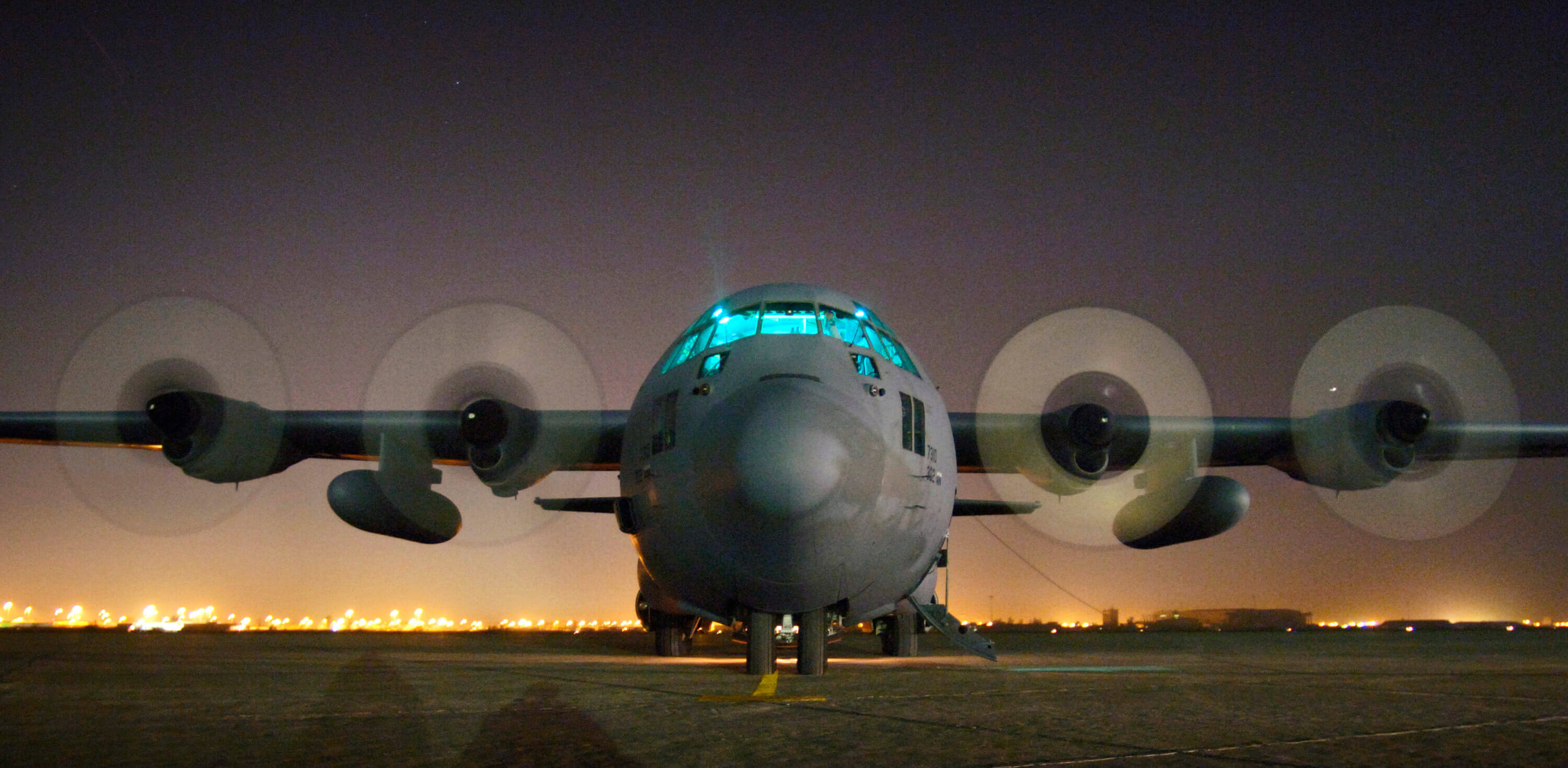 C-130 Hercules aircraft starting up on the runway