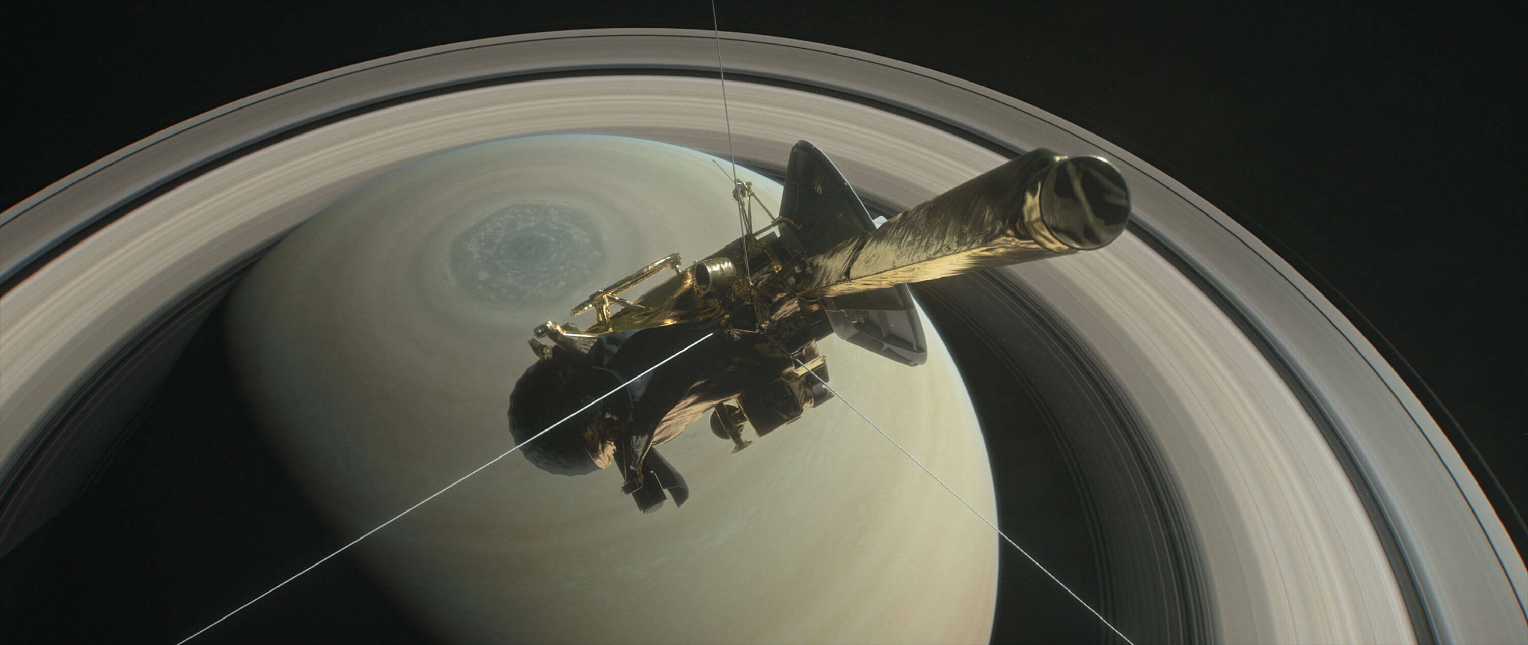 Depiction of NASA's Cassini probe above Saturn's north pole