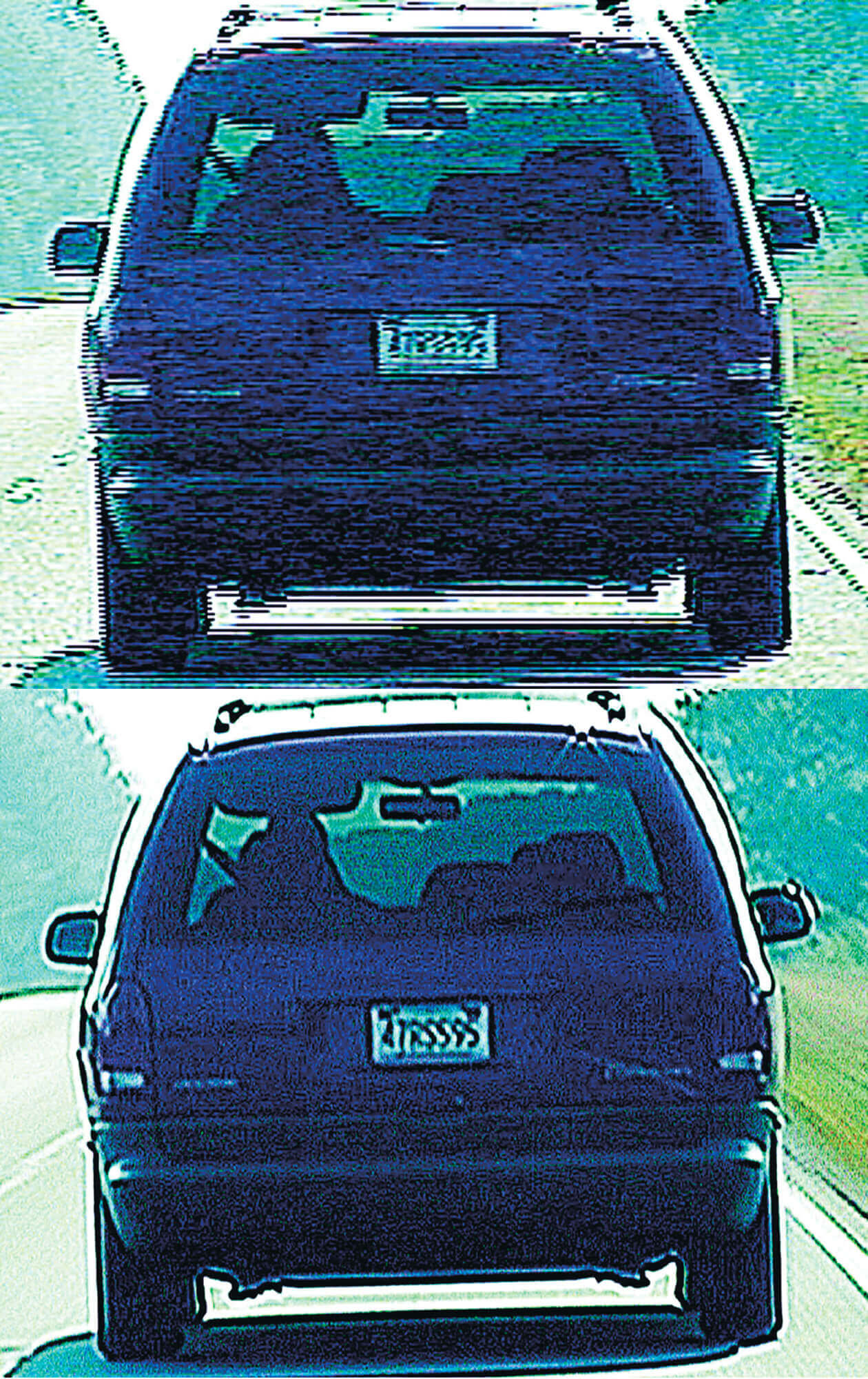 Unenhanced and enhanced images of the back of a minivan; license plate becomes legible 