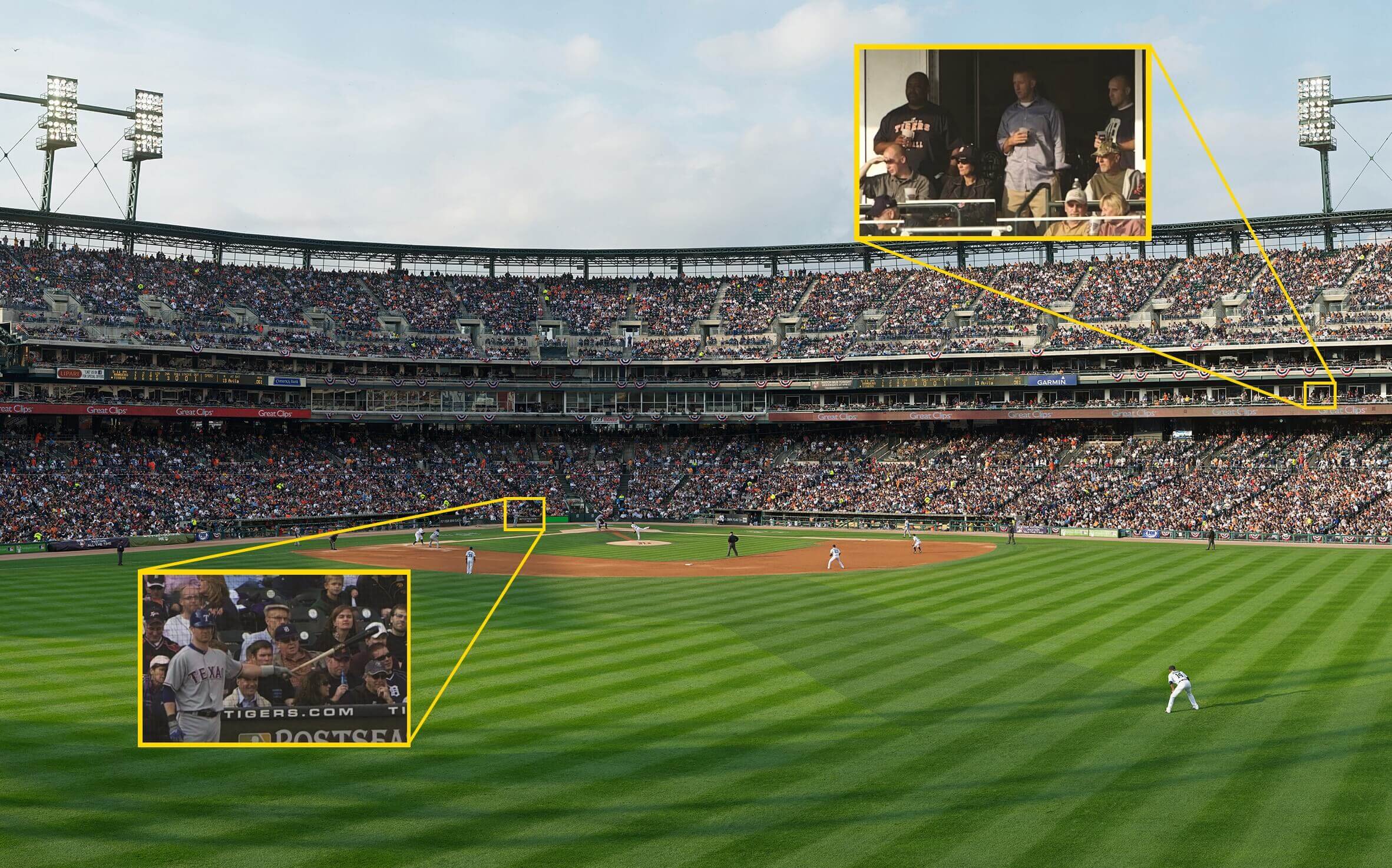 Panoramic image of baseball stadium, with small details picked out 