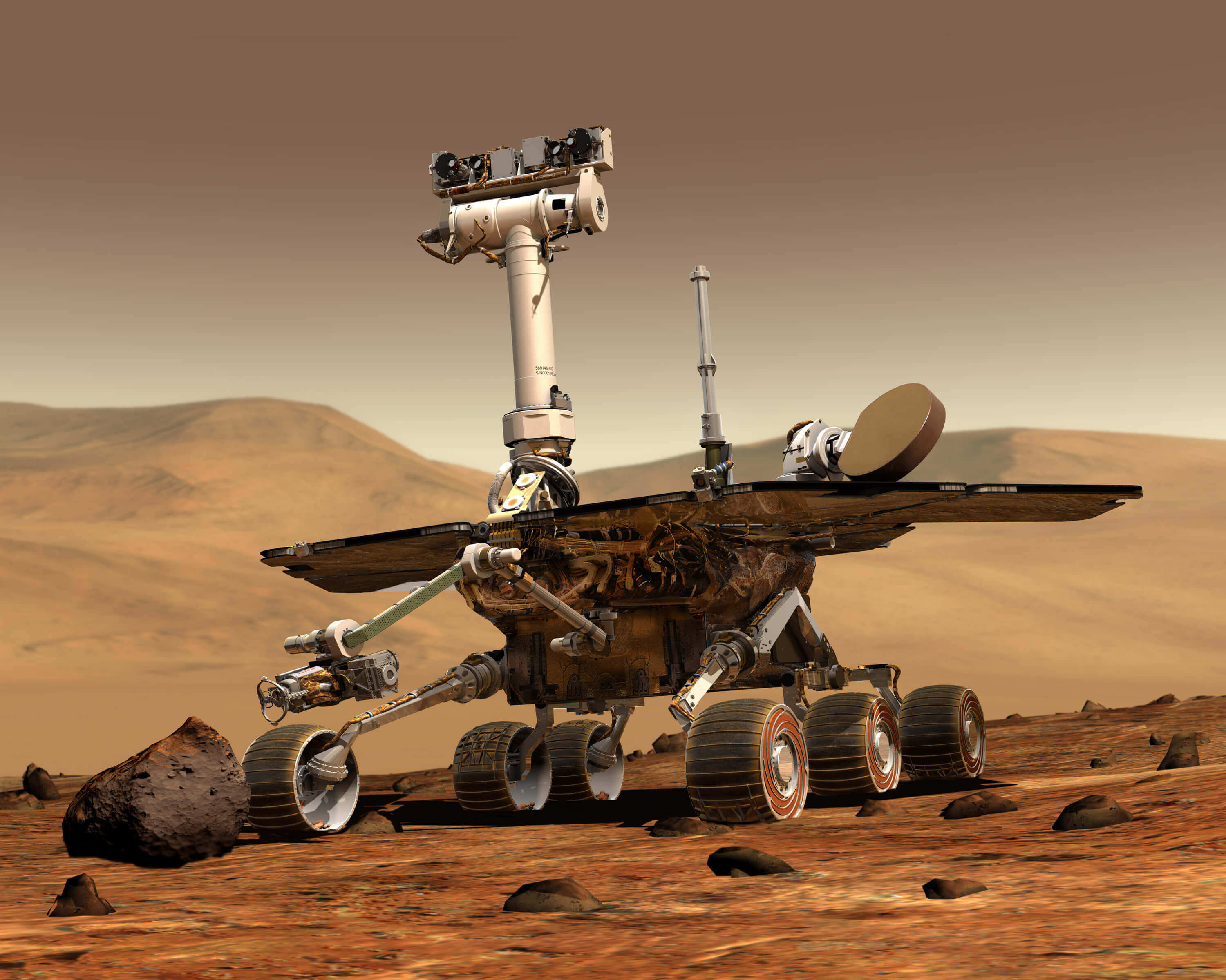 Depiction of a Mars Exploration Rover on the surface of Mars