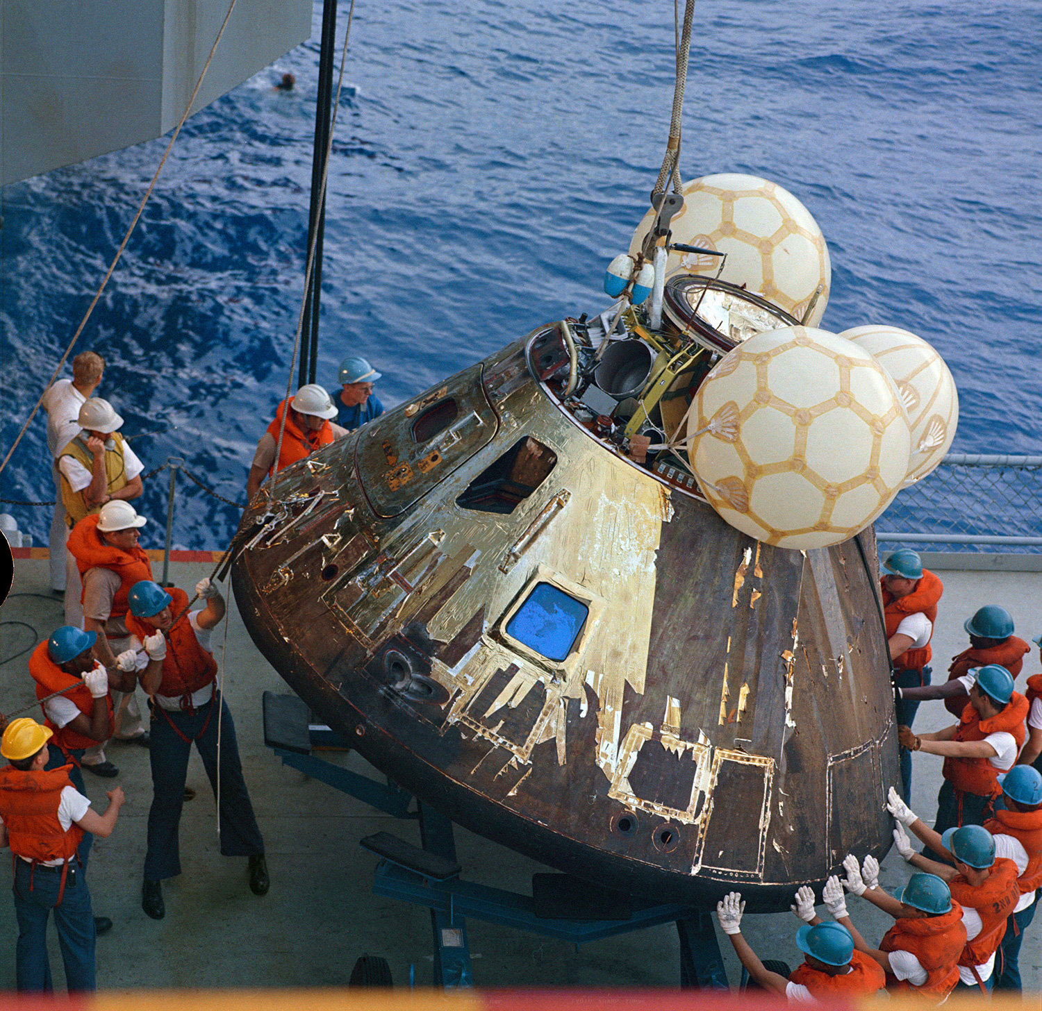 An Apollo capsule following recovery from the ocean