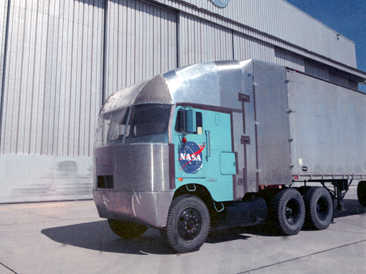Aerodynamic truck designs tested on a research vehicle at Dryden Flight Research Center